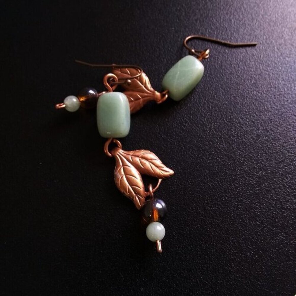 Handmade Copper Leaf + Green Aventurine Earrings! Fall Prosperity + Luck Jewelry - Picture 8 of 11